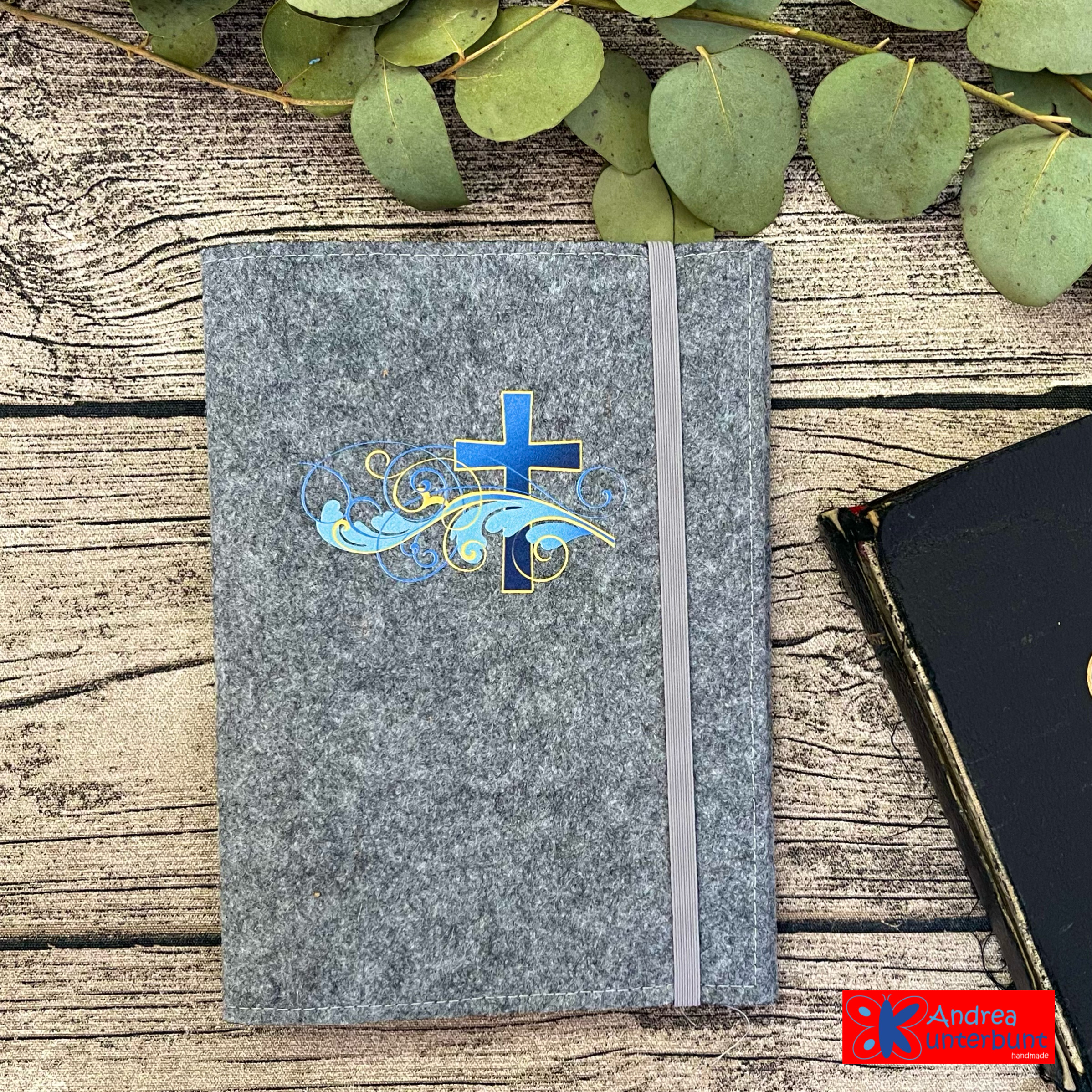Gotteslobhülle aus Filz - Grau Blau Personalisierbar
