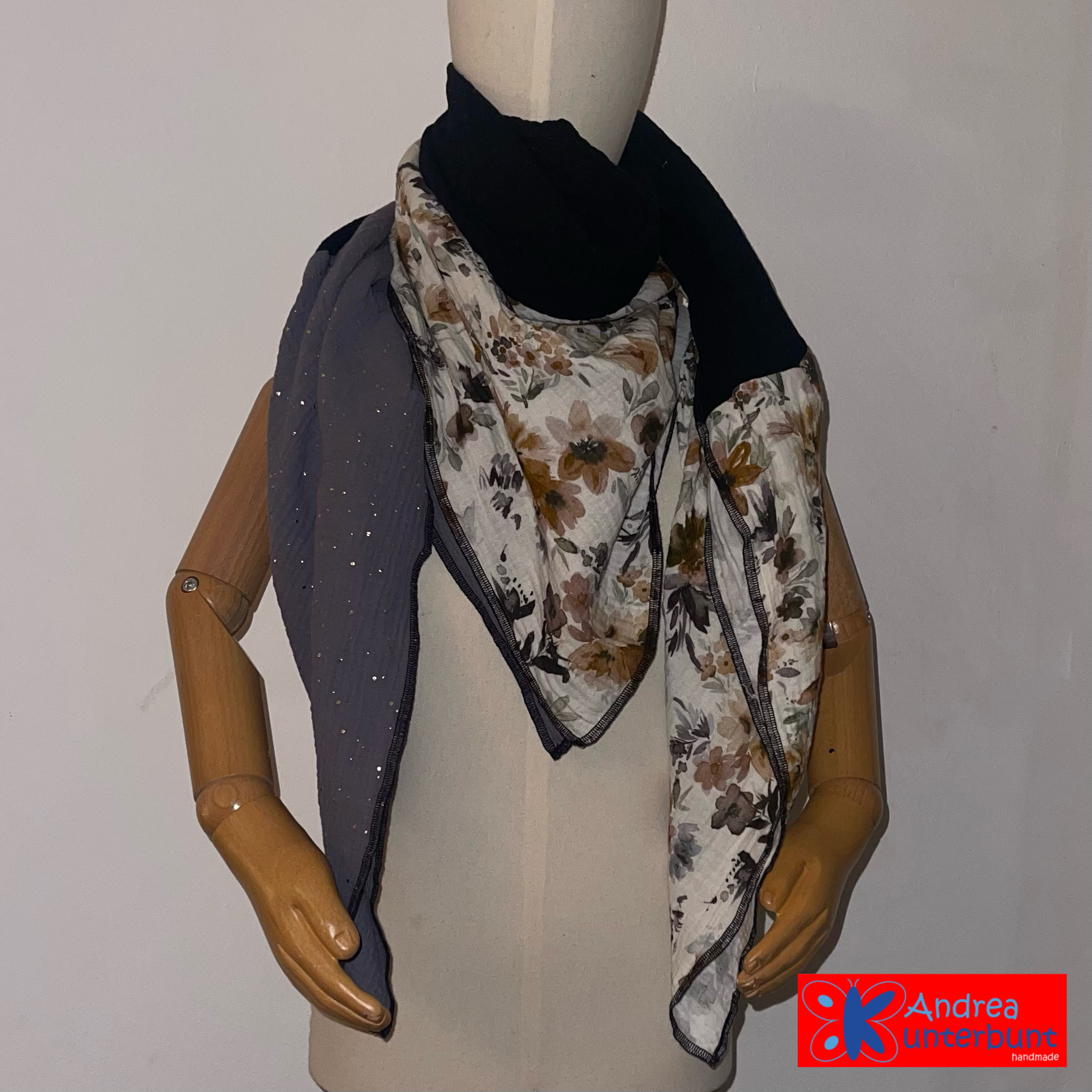 XXL-Musselintuch Blumen / Schwarz / Grau mit goldenem Glitzer