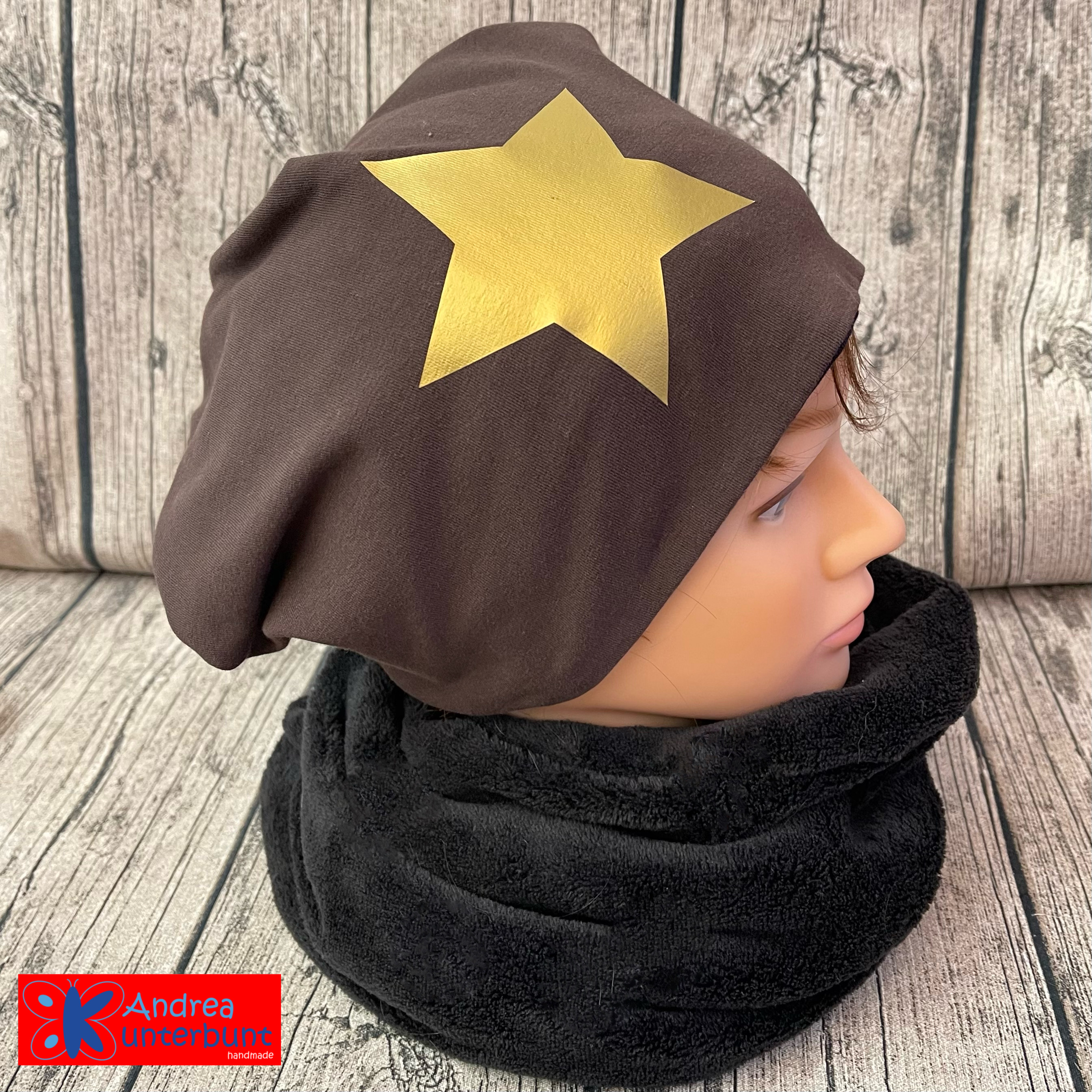 Wendebeanie braun goldener Stern / schwarz