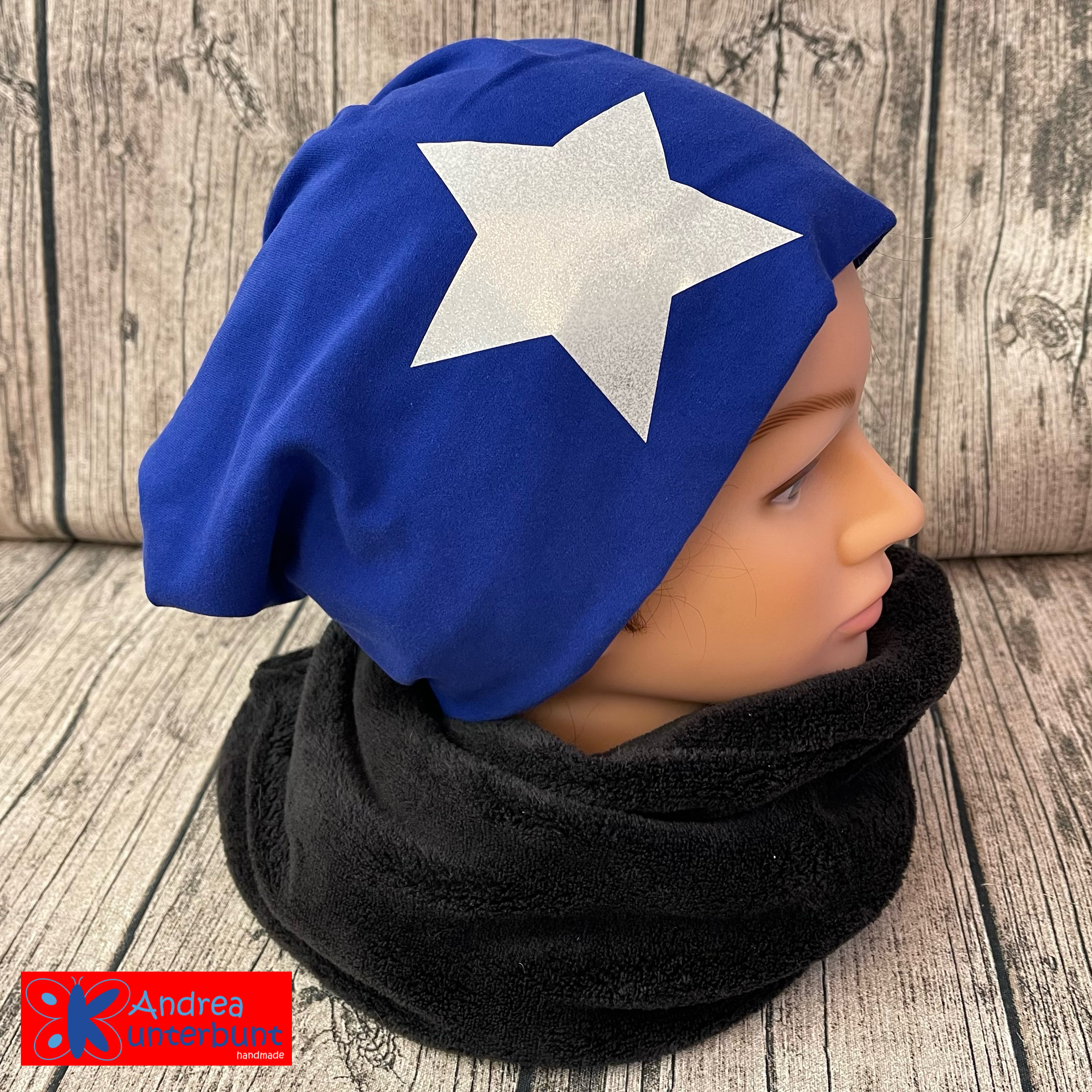 Wendebeanie royalblau weißer Stern / schwarz